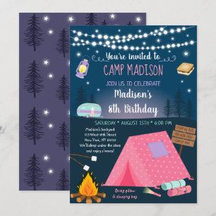 Chica Camping S'mores Sleepover Invitación de cump