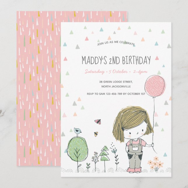 Chica caprichosa niños niños pequeños invitaciones (Anverso / Reverso)