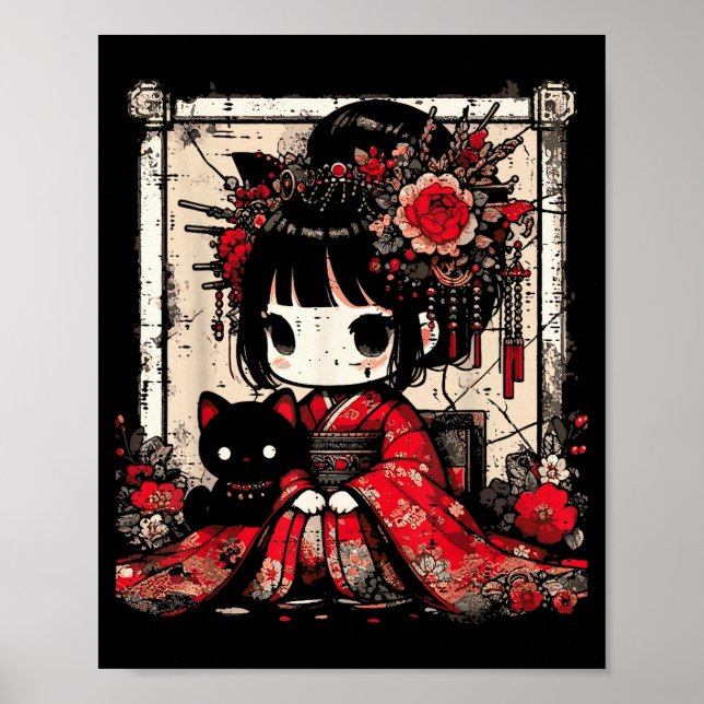 Chica Chibi Kimono Gato Negro Flores Arte Japonés  (Frente)