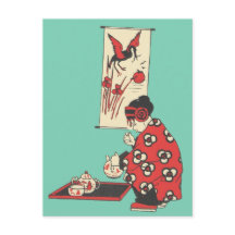 Chica chino con postal de Ilustracion de té