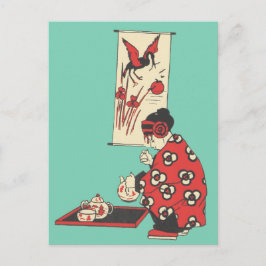 Chica chino con postal de Ilustracion de té