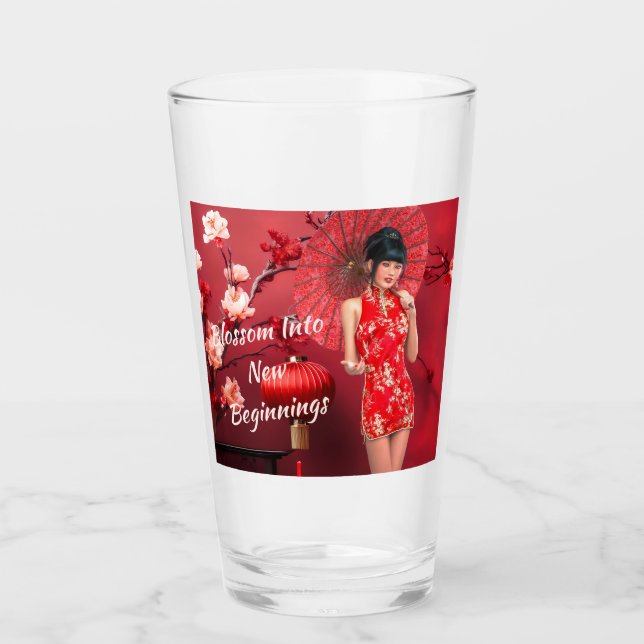 Chica chino de Año Nuevo con un paraguas rojo (Anverso)