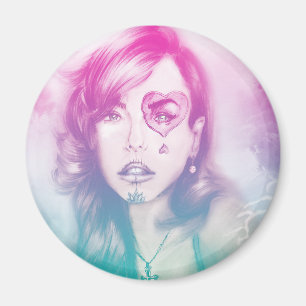 Chica colorido del ojo del corazón, imán redondo