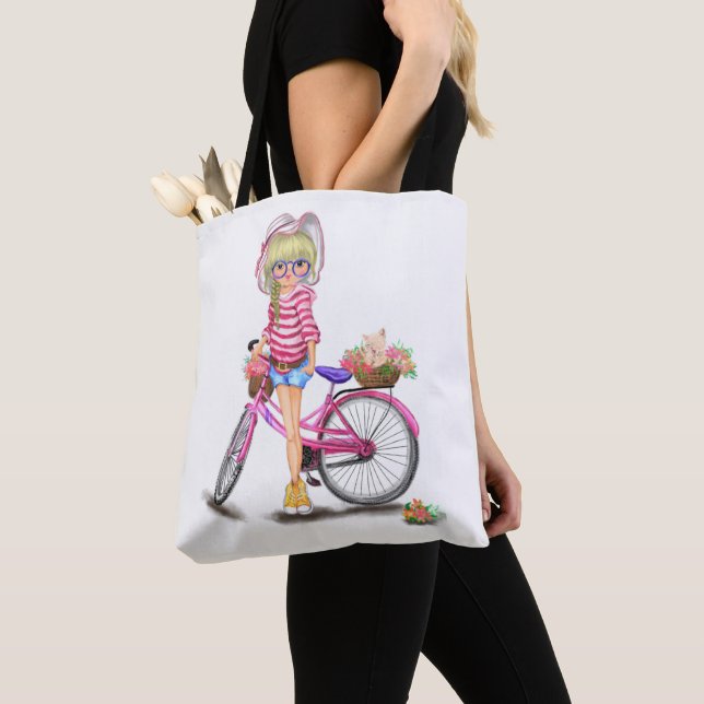 Chica con bolsa para bicicletas rosas (Detalle)