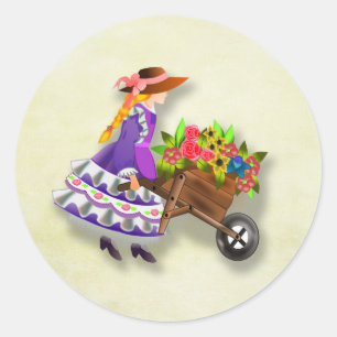 Chica con carretilla de Pegatina de flores colorid