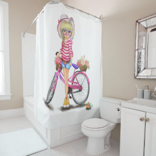 Chica con cortina de ducha de bicicleta rosa