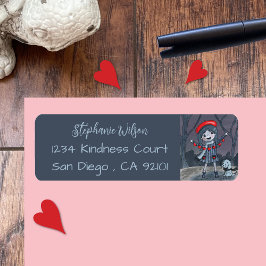 Chica con etiquetas de dirección de retorno rojo d