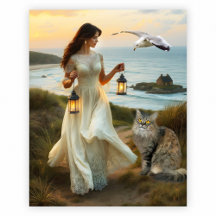 Chica con Faroles Gato y Gaviota Arte Costero