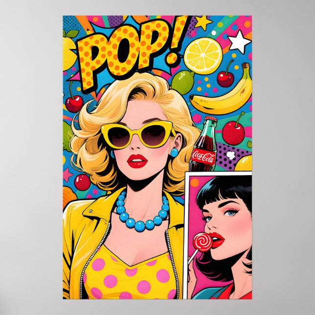 Chica con gafas de sol amarillas Póster Pop Art (Frente)