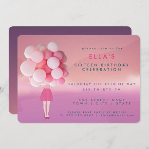 Chica con globos rosas  Invitación de fiesta
