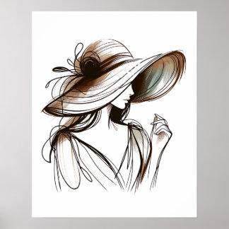 Chica Con Gran Gorra - Arte De Línea Minimalista