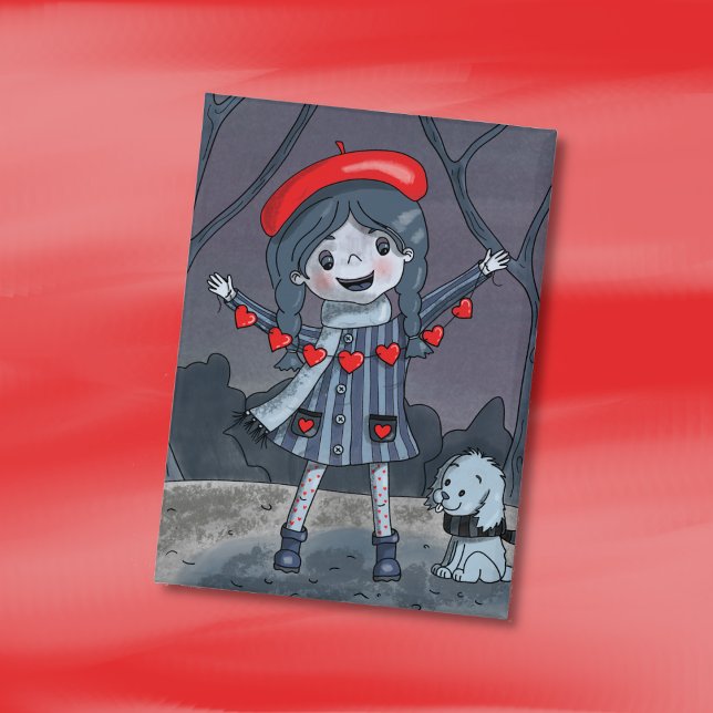 Chica con guirnalda de corazones botón del día de  (Cute girl with red heart garland Valentine's Day button . )