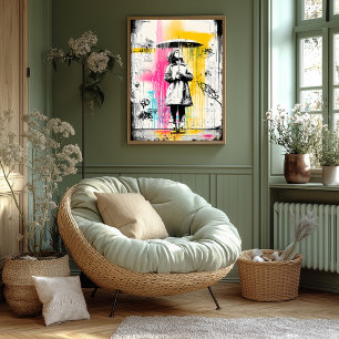 Chica con paraguas - Arte callejero de graffiti ur