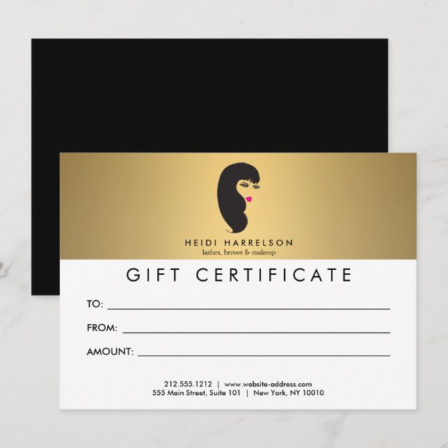 Chica con Pestañas Certificado de Regalo Faux Gold (Anverso / Reverso)