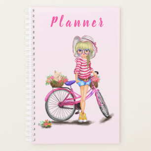 Chica con planificador de bicicleta rosa