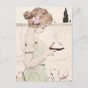 Chica con postal Art Nouveau con lámpara
