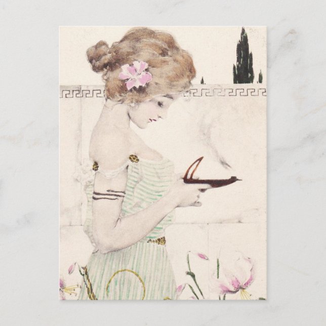 Chica con postal Art Nouveau con lámpara (Anverso)