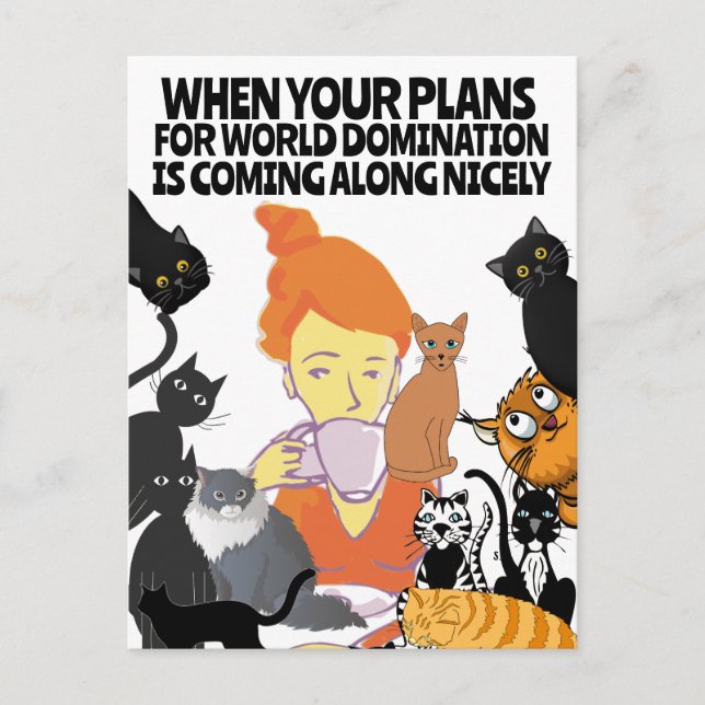 CHICA CON POSTAL DE DOMINACIÓN MUNDIAL DE GATOS AR (Anverso)