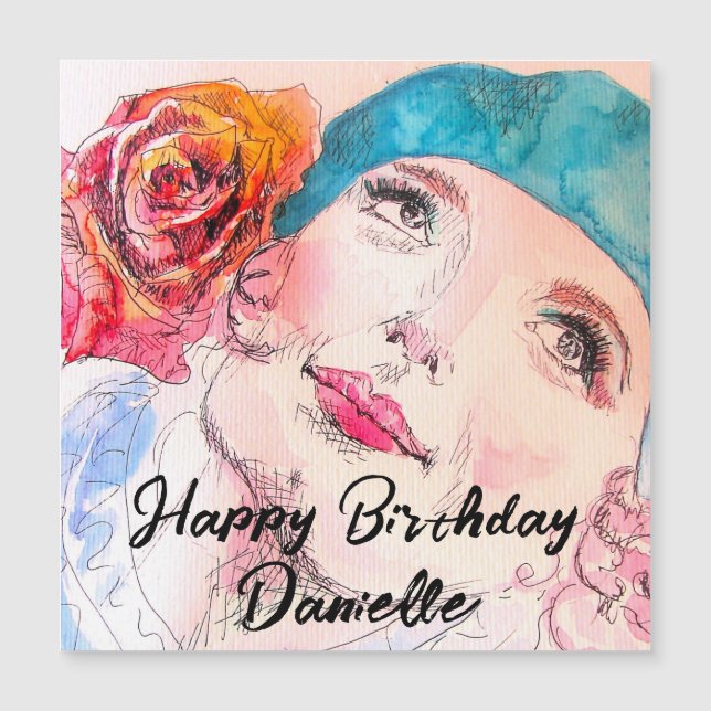 Chica con Red Rose Beret Watercolor Birthday (Anverso)