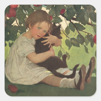 Chica con sus Pegatinas de Cat Fun Retro