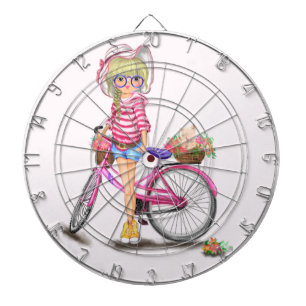 Chica con tablero de pinturas de bicicleta rosa