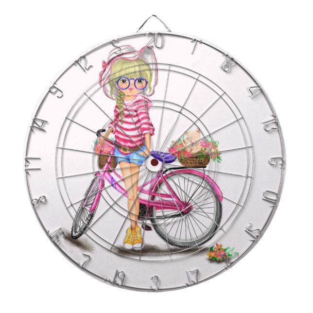 Chica con tablero de pinturas de bicicleta rosa (Frente)