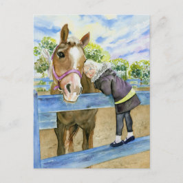 Chica con tarjeta de caballo en cualquier momento