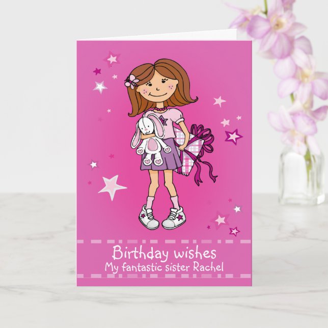 Chica con tarjeta de cumpleaños feliz rosa actual (Orquídea)