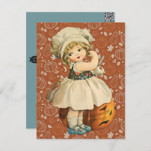 Chica con tarjeta postal de Apple Halloween