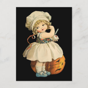 Chica con tarjeta postal de Apple Halloween