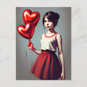 Chica con tarjeta postal de globo de corazón rojo