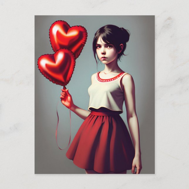 Chica con tarjeta postal de globo de corazón rojo (Anverso)