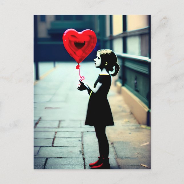 Chica con tarjeta postal de globo de corazón rojo (Anverso)