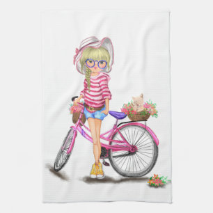 Chica con toalla de cocina en bicicleta rosa