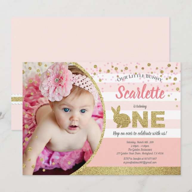 chica conejito 1er cumpleaños invitación foto colo (Anverso / Reverso)