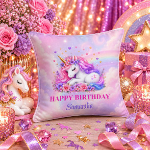 Chica Cumpleaños Unicornio Fantasía Almohada Rosa
