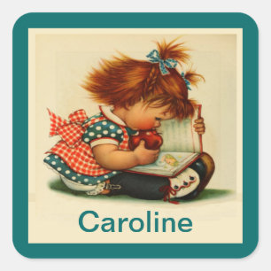 Chica curado leyendo un libro con pegatinas de nom