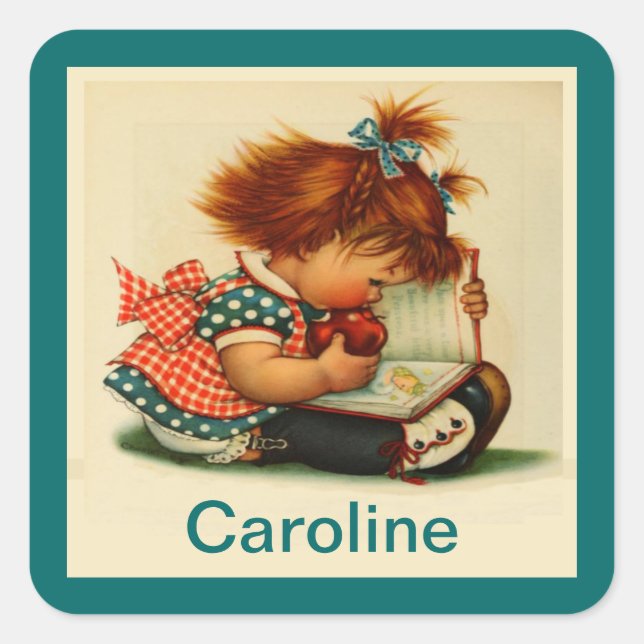 Chica curado leyendo un libro con pegatinas de nom (Anverso)