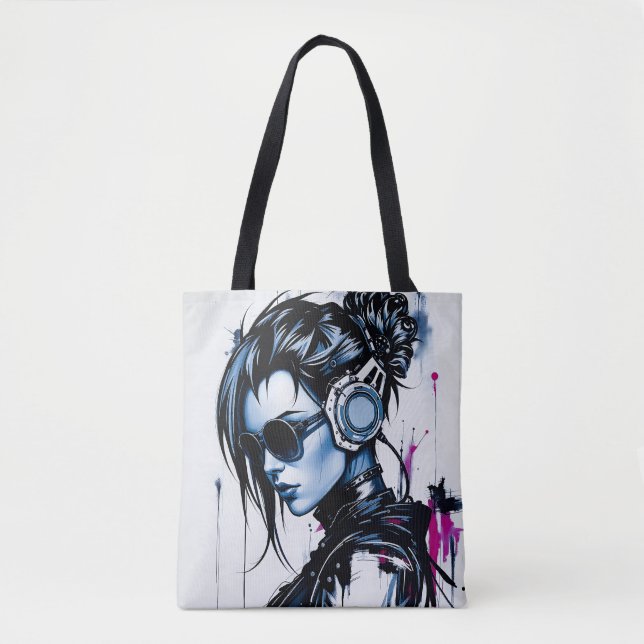 Chica Cyberpunk con audífonos Bolsa de Tote (Anverso)