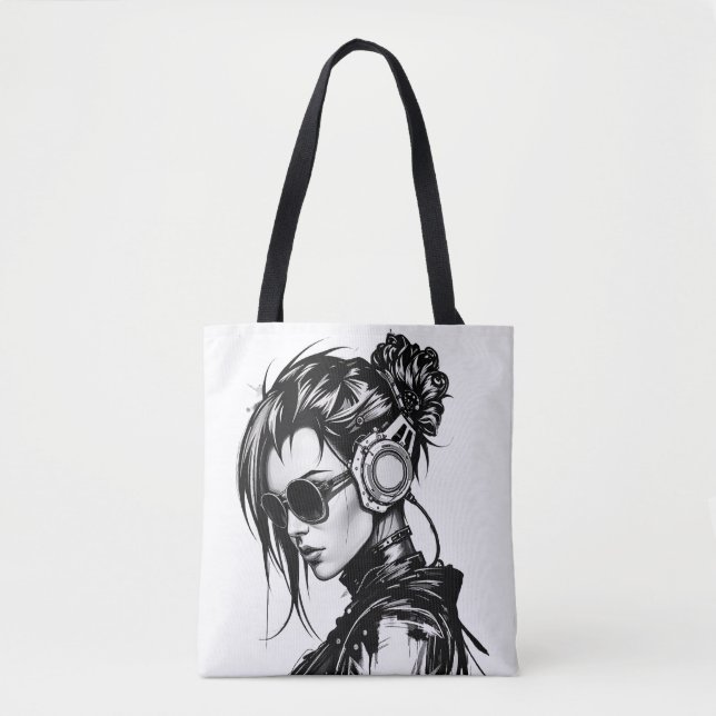 Chica Cyberpunk con audífonos Bolsa de Tote (Anverso)