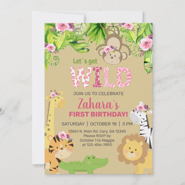 Chica de animales Safari primera invitación de cum (Anverso)