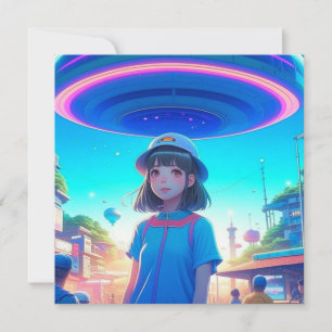 Chica de anime bajo un OVNI en la ciudad