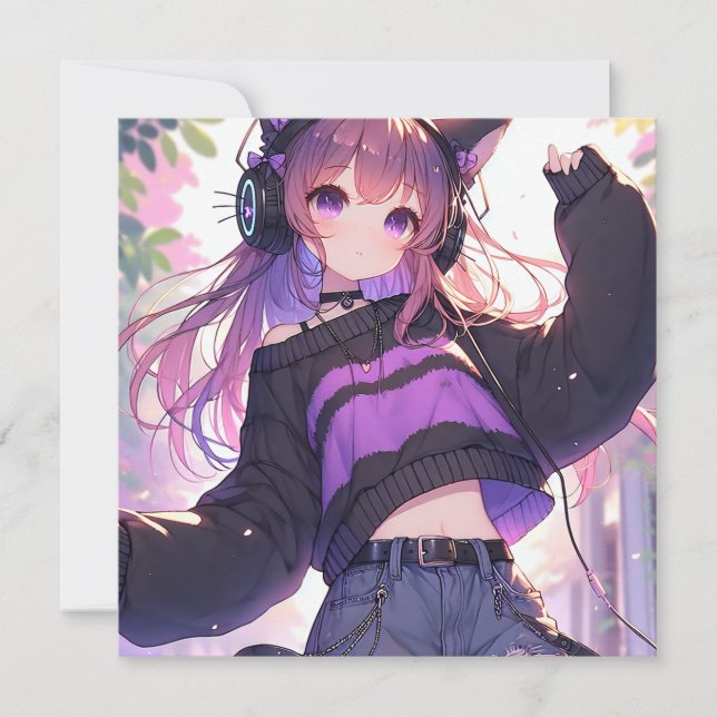 Chica de anime bonito en audífonos con orejas del  (Anverso)
