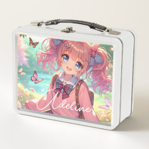 Chica de anime bonito en cócteles rosados