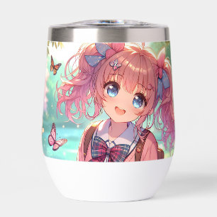 Chica de anime bonito en cócteles rosados