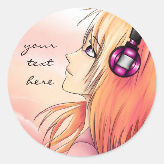 chica de anime bonito escuchando a pegatinas de mú