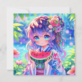 Chica de anime come sandía en verano