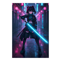 Chica de Anime Cyberpunk Neon con Póster de Espada
