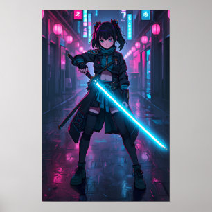 Chica de Anime Cyberpunk Neon con Póster de Espada