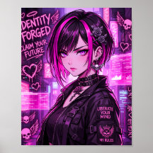 Chica de Anime Cyberpunk Neon Póster "Identidad Fo
